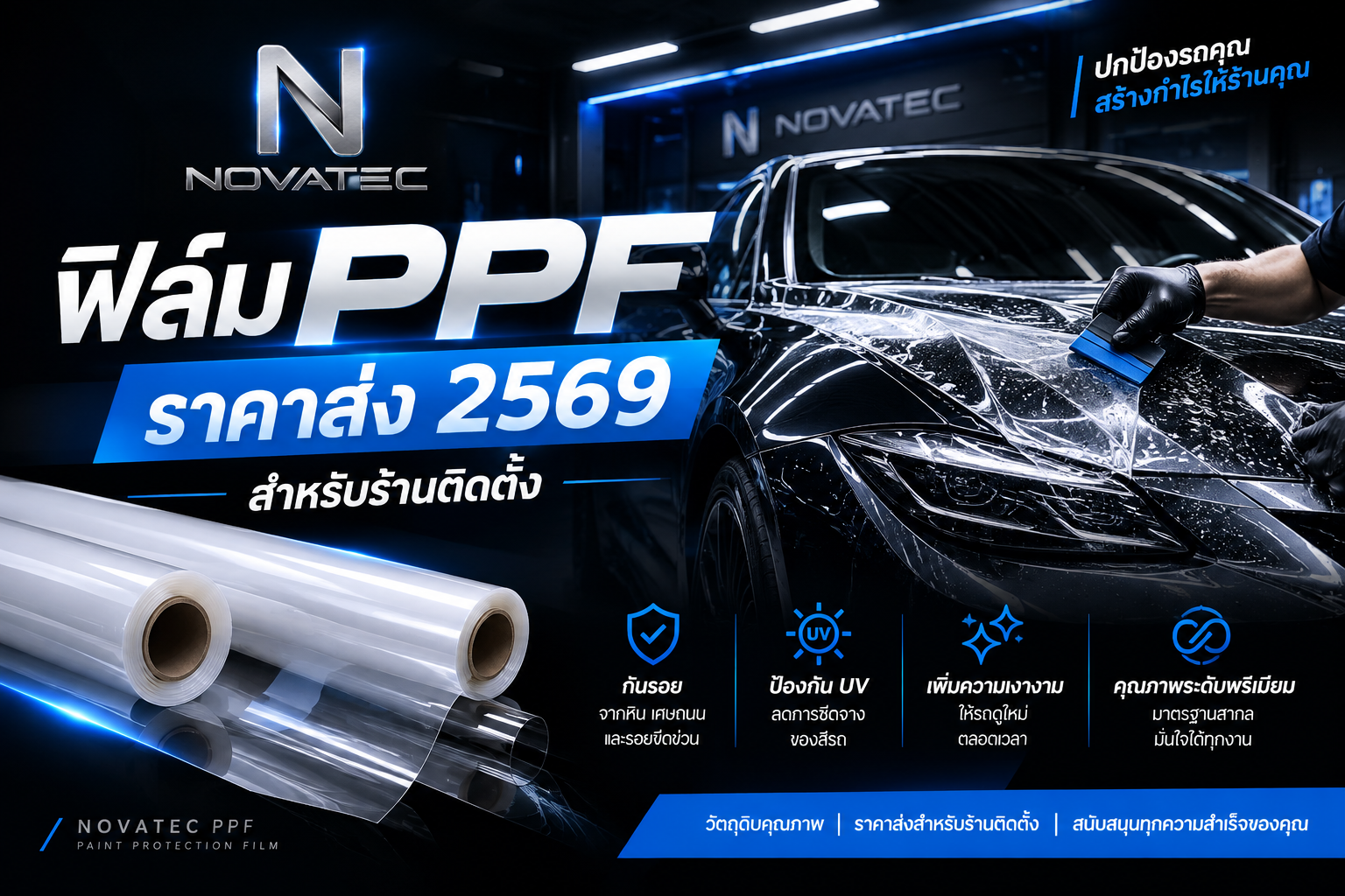 ฟิล์ม PPF ราคาส่ง 2569 สำหรับร้านติดตั้ง | ราคาต่อม้วนทุกรุ่น + วิธีคิดต้นทุนต่อคัน